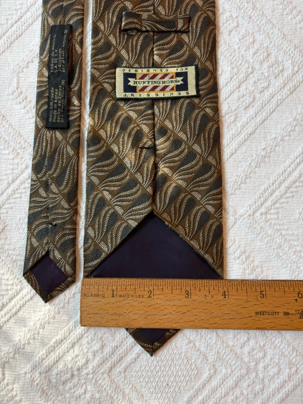 Vintage Hunting Horn by J. Riggins 100% Silk Tie - Brown & Gold Geometric